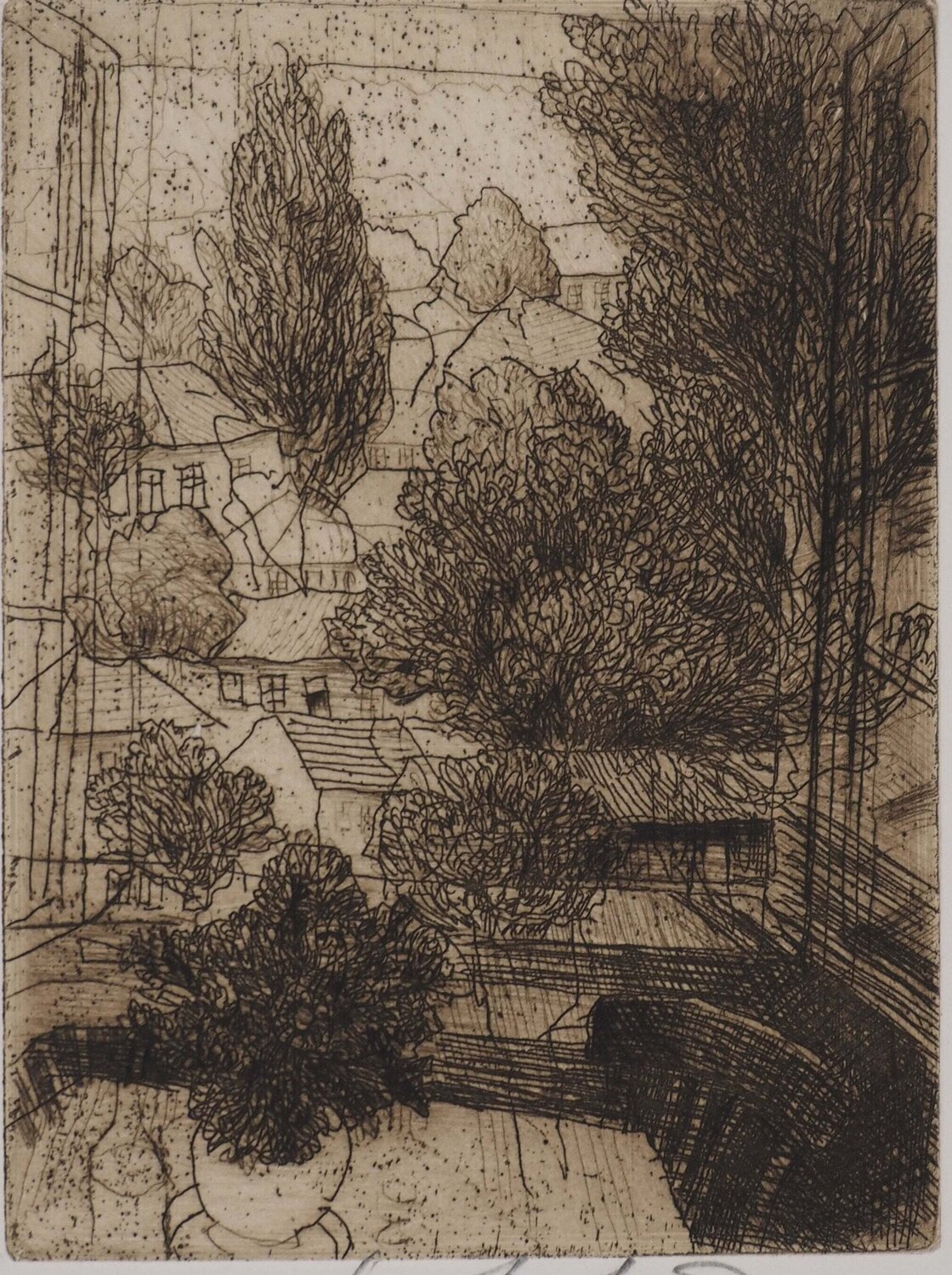 Vue sur le village, Gravure originale signée Safet Zec Impresión en venta