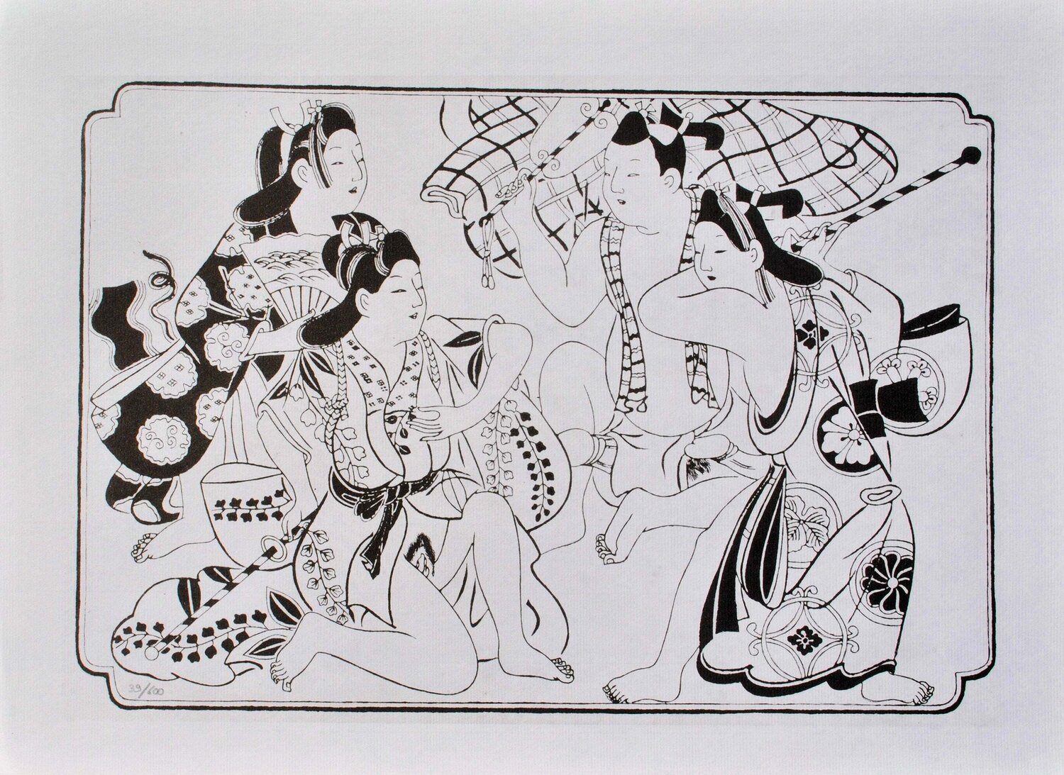 Le seigneur et ses Geisha, LITHOGRAPHIE érotique japonaise Jihei Sugimura Print for sale