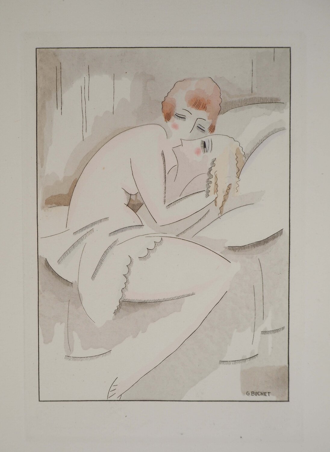 Les deux amies, Innocence et découverte, Gravure originale et pochoir signée Gustave Buchet Druck zu verkaufen