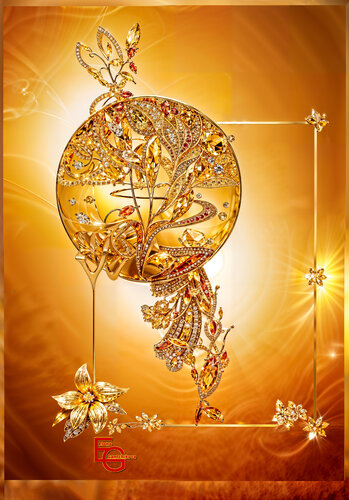 Golden Bloom: Ode to Abundance. Large Premium artwork from the Golden Luxury Collection. van Elena Gantchikova, Digitaal te koop op Singulart
