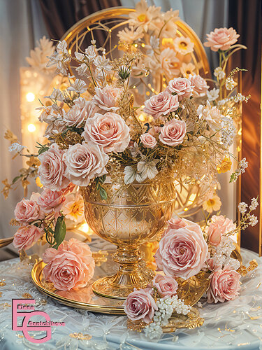 Luxurious pink roses in a golden vase. Golden Bloom: Ode to Abundance. Large Premium artwork from the Golden Luxury Collection. von Elena Gantchikova, Druck kaufen auf Singulart