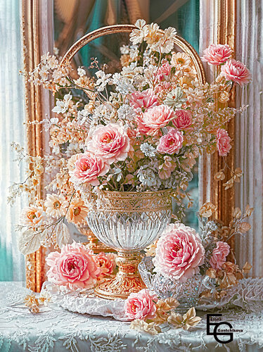 A bouquet of soft pink roses in a crystal vase with a gold frame on a snow-white lace embroidered tablecloth in the rays of the sun von Elena Gantchikova, Druck kaufen auf Singulart