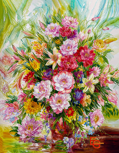 Vibrant Floral Bouquet in a Glass Vase von Elena Gantchikova, Druck kaufen auf Singulart