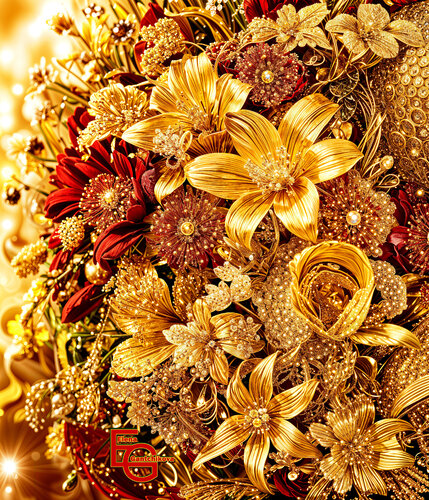 Midas' Garden- A Golden Symphony of Nature. Gilded Petals- A Luxuriant Tapestry of Light. Large Premium artwork from the Golden Luxury Collection. von Elena Gantchikova, Druck kaufen auf Singulart