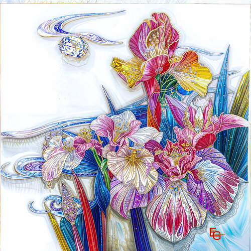 Diamond & Sapphire Flowers: Synesthetic Bloom of Light. — Square Interior Master — 29" x 29" (74x74 cm) by Elena Gantchikova, Print for Sale on Singulart