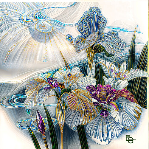 Luxury Floral Art. Royal Sapphire & Platinum Iris: Synesthetic Crystal Bloom. Square Interior Master — 29" x 29" (74x74 cm) by Elena Gantchikova, Print for Sale on Singulart