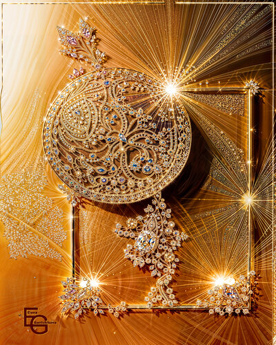 Golden Star of Destiny Part. Desktop Miniature — 20 x 25 cm Premium artwork from the Golden Luxury Collection. Created in synesthetic resonance with Mozart's "Jupiter" Symphony. van Elena Gantchikova, Afdruk te koop op Singulart