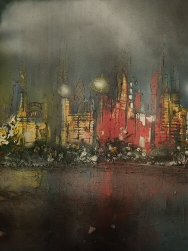city horizon at night van Elfriede Keplinger, Schilderij te koop op Singulart