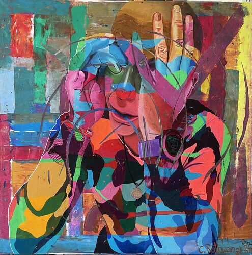 19:46 Uhr - a Selfportrait im Camouflage-Style. di Christoph Rothwangl, Pittura in vendita su Singulart