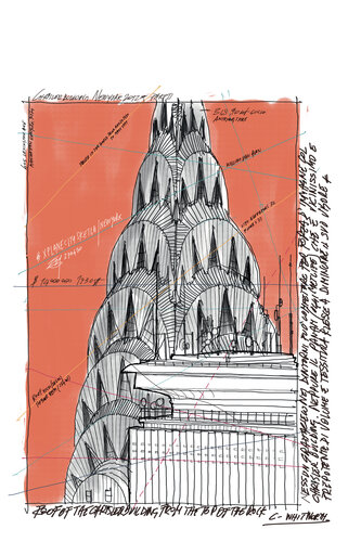 EMF_XPLANECITYSKETCH_CHRISLER BUILDING_ORANGE SKY van Enrico Maria Fabbri, Digitaal te koop op Singulart