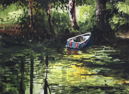 Boat in forest von Athaangart Studio, Malerei kaufen auf Singulart
