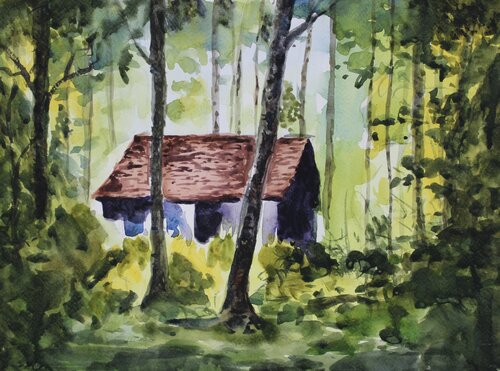 House in forest von Athaangart Studio, Malerei kaufen auf Singulart