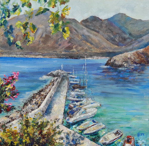 A bay in Greece original oil painting seascape. Landscape wall art. Fine art van Olga Ponomarenko, Schilderij te koop op Singulart
