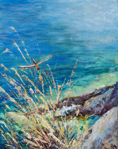 Dragonfly original oil painting seascape artwork van Olga Ponomarenko, Schilderij te koop op Singulart