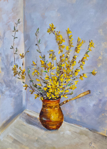 Forsythia original oil painting on canvas. Still life van Olga Ponomarenko, Schilderij te koop op Singulart