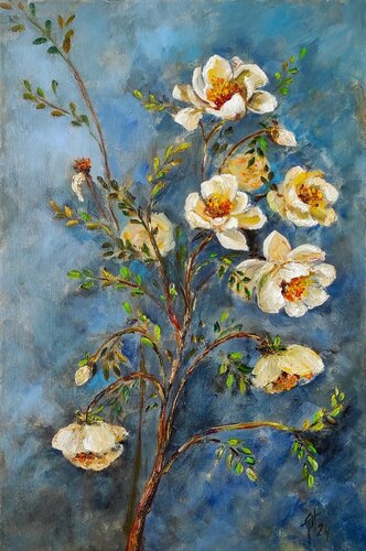 White roses. original oil painting flowers wall decor white flowers still life van Olga Ponomarenko, Schilderij te koop op Singulart