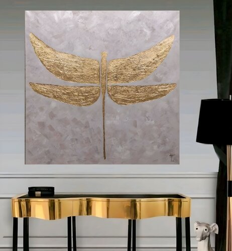 Golden dragonfly. original acrylic painting gold leaf van Olga Ponomarenko, Schilderij te koop op Singulart