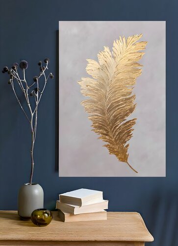 A golden feather. Texture acrylic painting gold leafs. Large abstract textured artwork 60*90 cm. von Olga Ponomarenko, Malerei kaufen auf Singulart