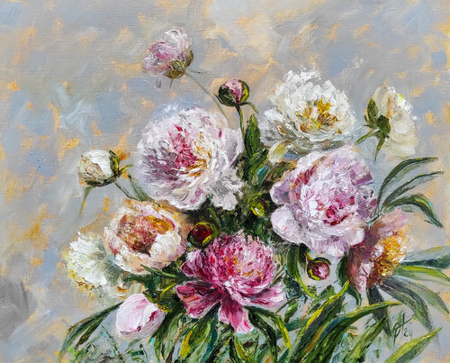 Peonies and sunbeams original oil flowers painting van Olga Ponomarenko, Schilderij te koop op Singulart