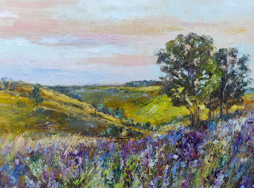 July. Summer landscape oil painting,a field with flowers van Olga Ponomarenko, Schilderij te koop op Singulart
