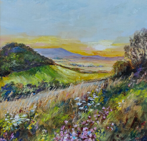 Valley at sunset. Original oil painting on canvas landscape von Olga Ponomarenko, Malerei kaufen auf Singulart