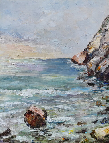 Rocky shore. Spain. Salou. Original oil painting seascape by Olga Ponomarenko, Painting for Sale on Singulart