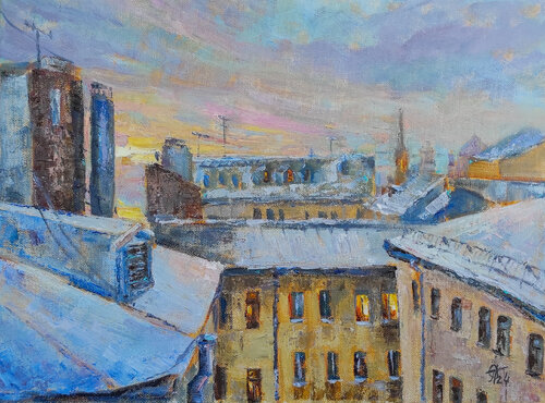 "Dawn over the roofs". Original oil painting on canvas. Winter cityscape by Olga Ponomarenko, Painting for Sale on Singulart