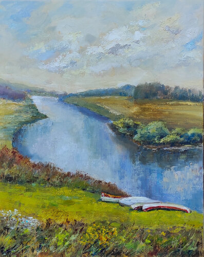 River Ugra. Oil landscape painting on canvas van Olga Ponomarenko, Schilderij te koop op Singulart