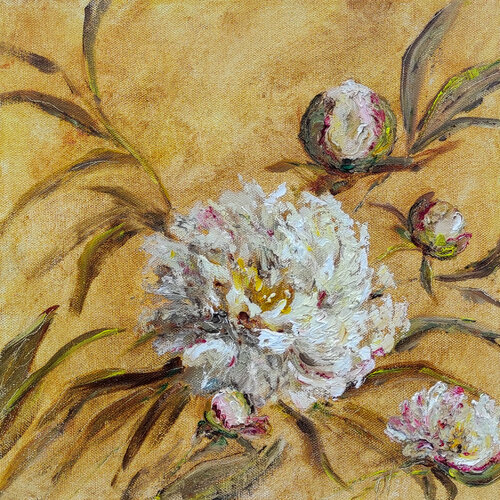 White peony. Original oil impasto painting de Olga Ponomarenko, Pintura a la venta en Singulart