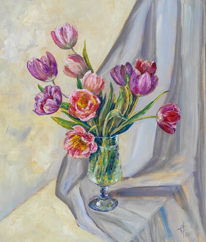 Tulips. Original oil painting spring flowers. van Olga Ponomarenko, Schilderij te koop op Singulart