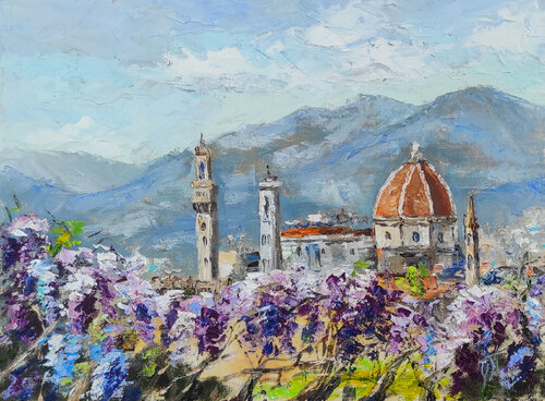 View of Florence. Original oil painting Italian landscape.blooming Wisteria von Olga Ponomarenko, Malerei kaufen auf Singulart