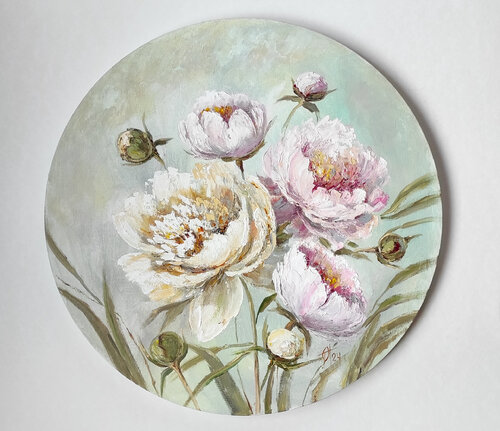 Peonies. Flowers. Circle canvas. Floral painting Original oil painting de Olga Ponomarenko, Pintura a la venta en Singulart