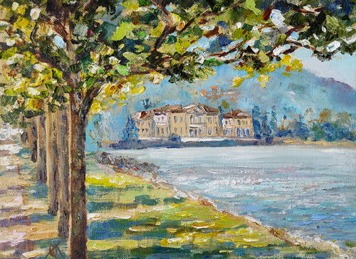 Villa Melzi, Bellagio, Lake Como. Original oil painting Italian cityscape landscape artwork von Olga Ponomarenko, Malerei kaufen auf Singulart