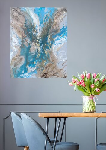 Abstract painting original fluid art blue gold white van Olga Ponomarenko, Schilderij te koop op Singulart