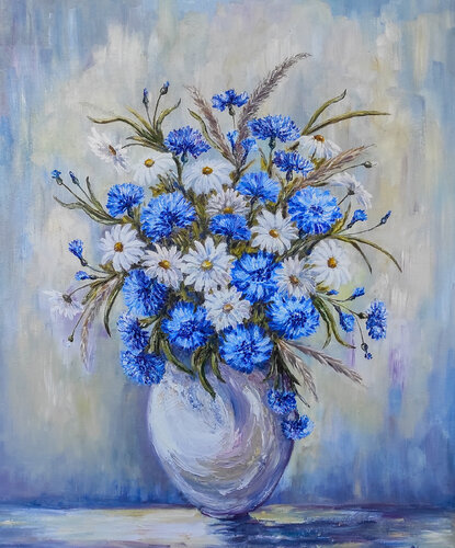 Daisies and cornflowers. Original oil painting on canvas van Olga Ponomarenko, Schilderij te koop op Singulart