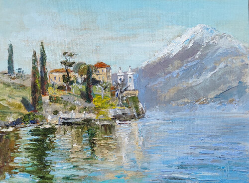 Villa del Balbianello, Como lake, Italy landscape oil art van Olga Ponomarenko, Schilderij te koop op Singulart