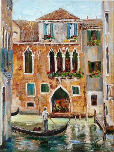 Venice. Gondolas original oil painting Italy. Italian cityscape landscape art von Olga Ponomarenko, Malerei kaufen auf Singulart
