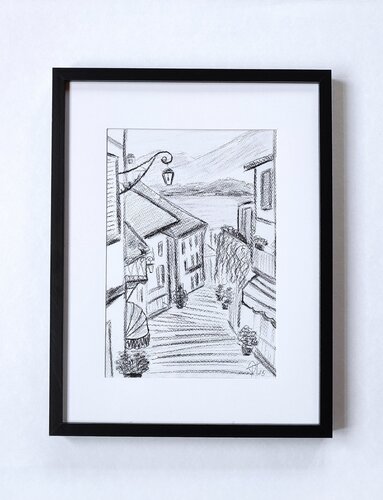 Como lake. Bellagio. Italian landscape graphic. van Olga Ponomarenko, Schilderij te koop op Singulart