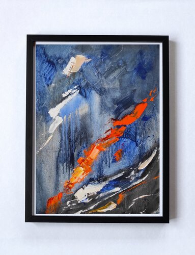 Original oil abstract painting on frame dark blue orange van Olga Ponomarenko, Schilderij te koop op Singulart