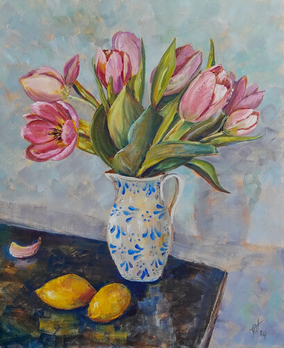 Pink tulips. Original oil painting on canvas flowers artwork von Olga Ponomarenko, Malerei kaufen auf Singulart