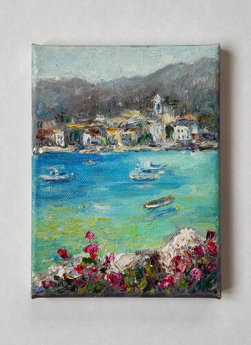 Greek sea landscape small painting original art von Olga Ponomarenko, Malerei kaufen auf Singulart