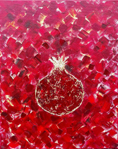 Pomegranate original oil painting with golden leaf von Olga Ponomarenko, Malerei kaufen auf Singulart