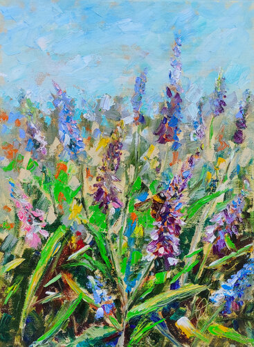 Bumblebee in the meadow. Original oil painting von Olga Ponomarenko, Malerei kaufen auf Singulart