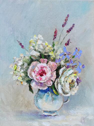 Bouquet with roses. Original oil painting on canvas van Olga Ponomarenko, Schilderij te koop op Singulart