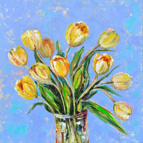 Yellow tulips. Original oil painting on canvas. Flowers art van Olga Ponomarenko, Schilderij te koop op Singulart