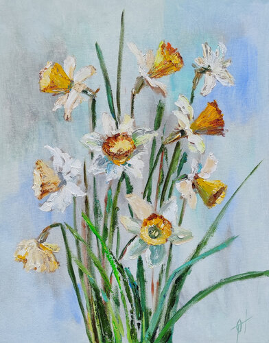 Daffodil flowers. Original oil painting on canvas by Olga Ponomarenko, Painting for Sale on Singulart