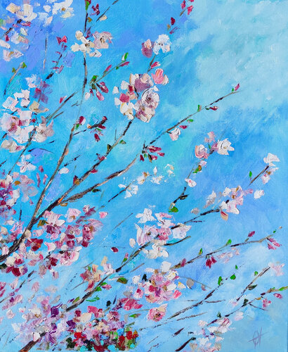 Spring blooming tree. Original oil artwork on canvas von Olga Ponomarenko, Malerei kaufen auf Singulart