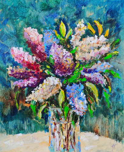 Lilac impasto oil painting on canvas van Olga Ponomarenko, Schilderij te koop op Singulart