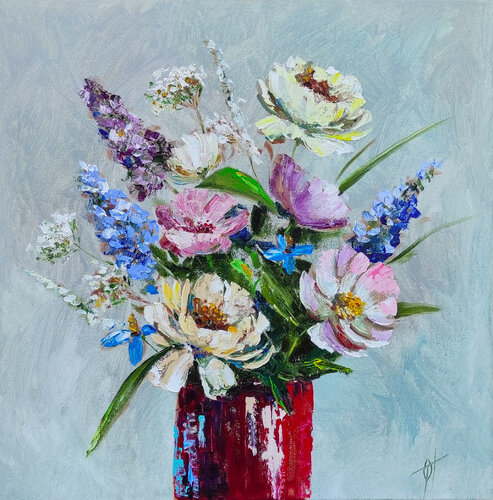 Bouquet in a red vase. Original oil artwork on canvas van Olga Ponomarenko, Schilderij te koop op Singulart