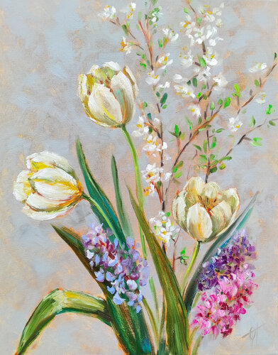 White tulips. Original oil flowers artwork van Olga Ponomarenko, Schilderij te koop op Singulart